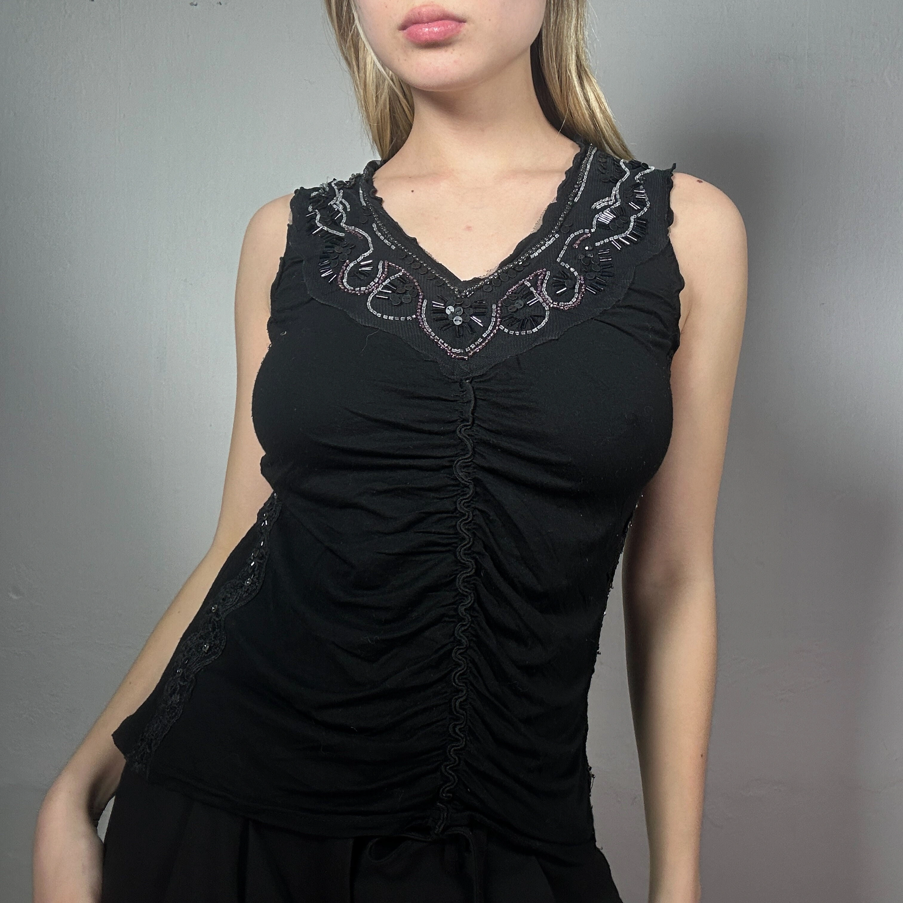 Vintage 90’s Sleaze Black Ruched Sleeveless Top with Embroidery Detail (S)