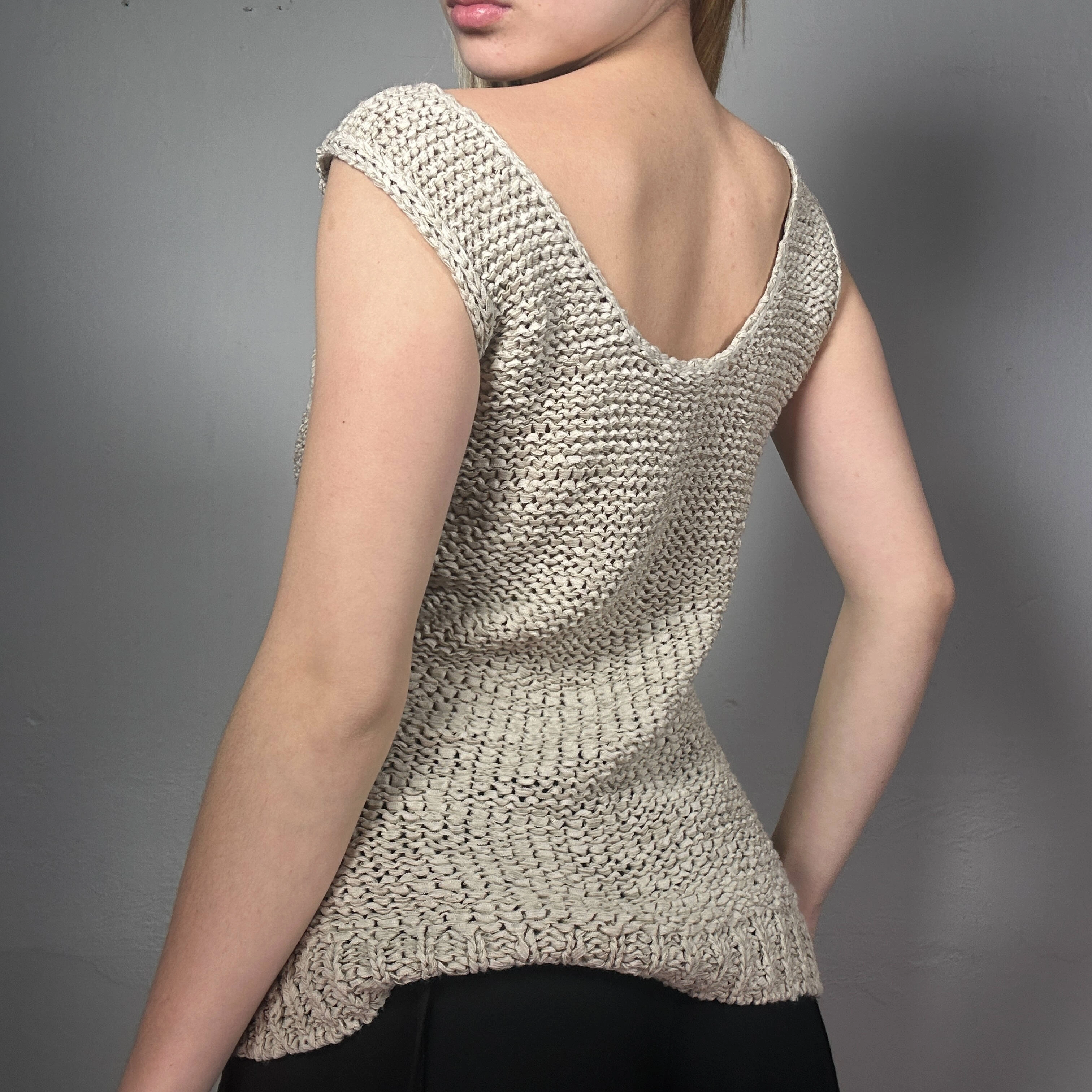 Vintage 90’s Boho Beige Knit Top with Open Stitch Details (M)